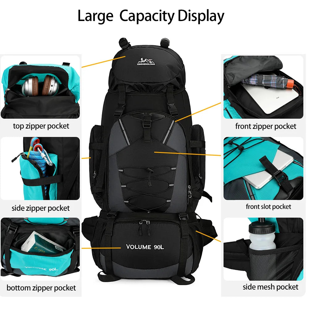 Large 90L hiking and camping backpack by Corporación Turística, showing adjustable straps, multiple compartments, and durable material.