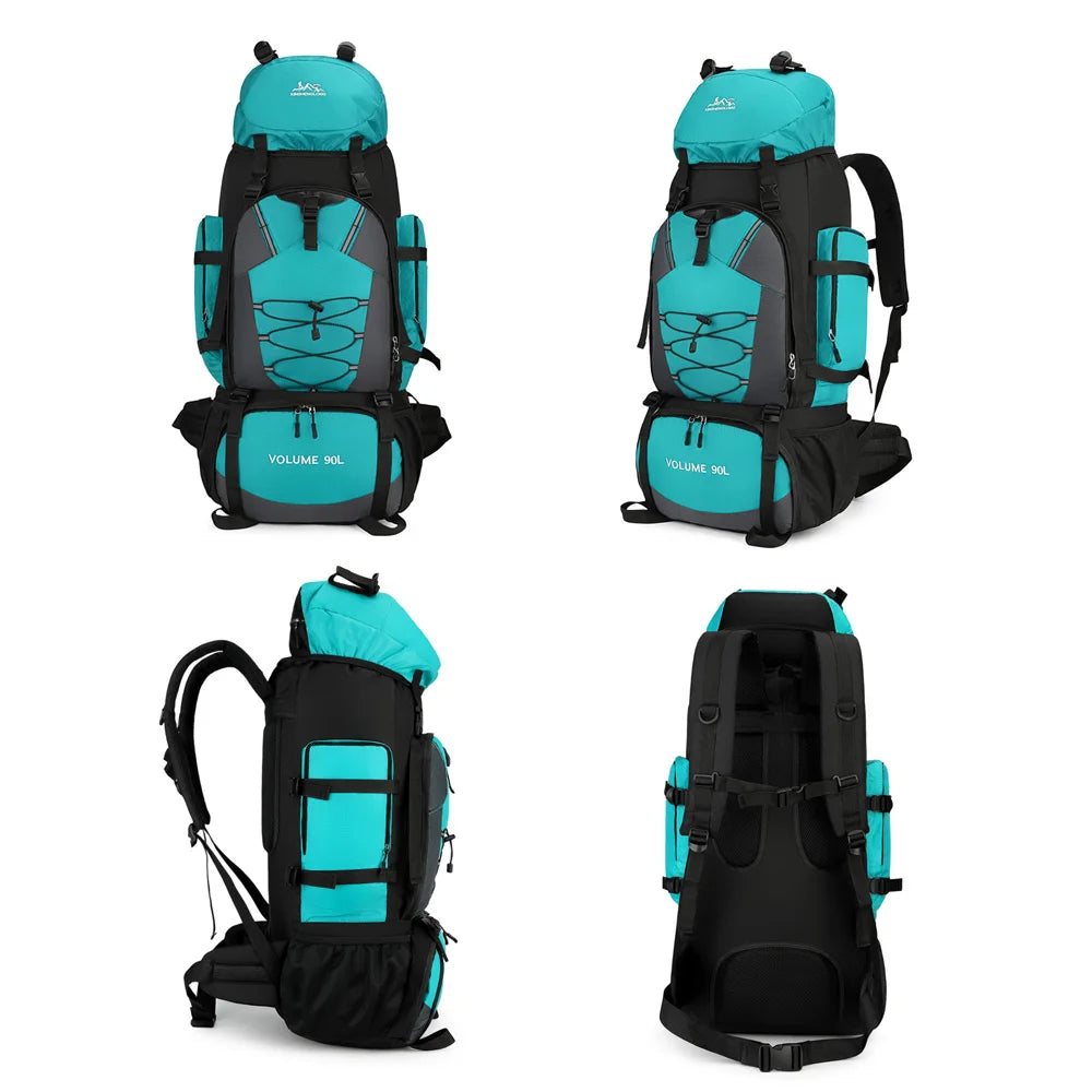 Large 90L hiking and camping backpack by Corporación Turística, showing adjustable straps, multiple compartments, and durable material.