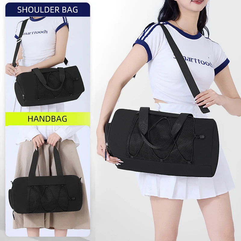 Black gym and travel bag for women and men by Corporación Turística, with handles and zipper closure visible.