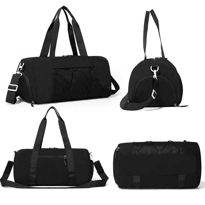 Black gym and travel bag for women and men by Corporación Turística, showing its spacious design and sturdy handles.