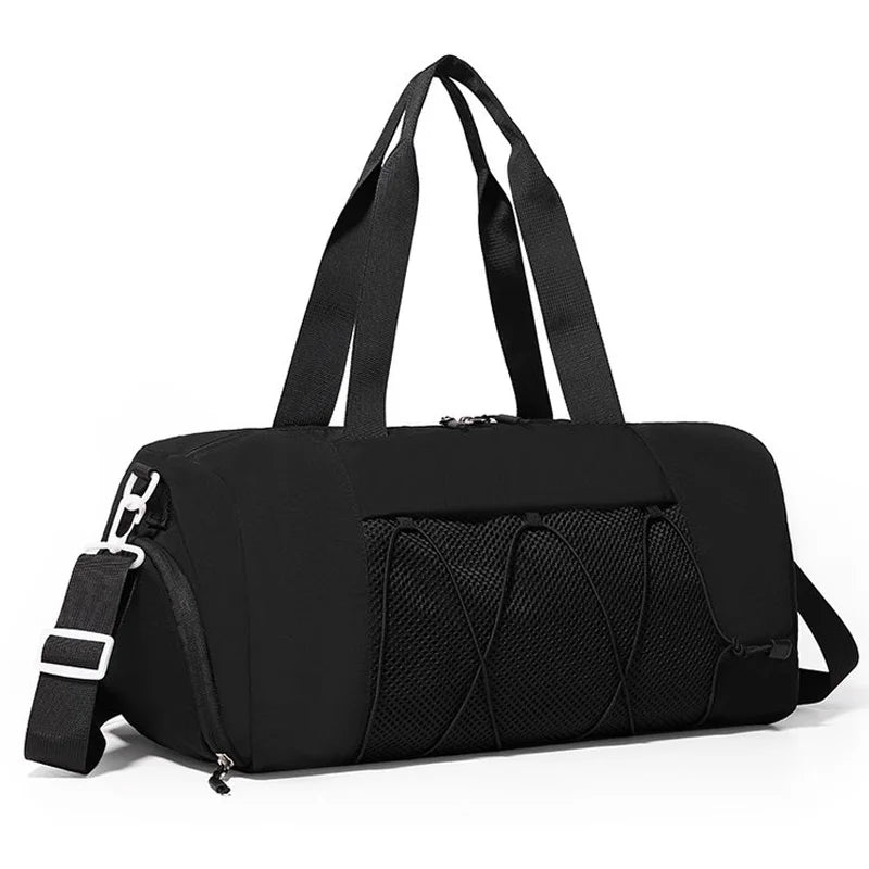 Black unisex gym and travel bag by Corporación Turística, showing a spacious design with sturdy handles and zipper closure.