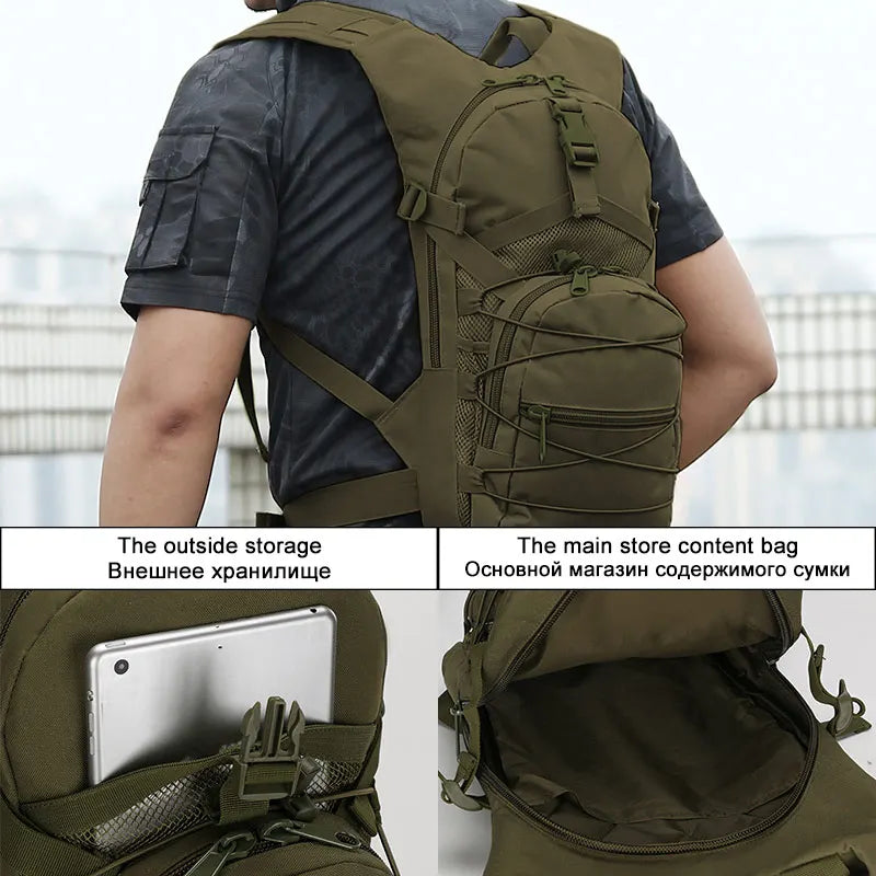 Tactical Molle backpack 15L for cycling, black military-style outdoor bag by Corporación Turística with multiple compartments