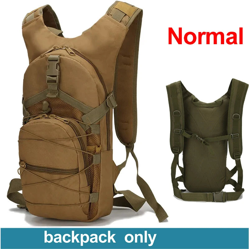 Tactical Molle backpack 15L for cycling, black nylon, multiple compartments, designed for biking and outdoor activities.