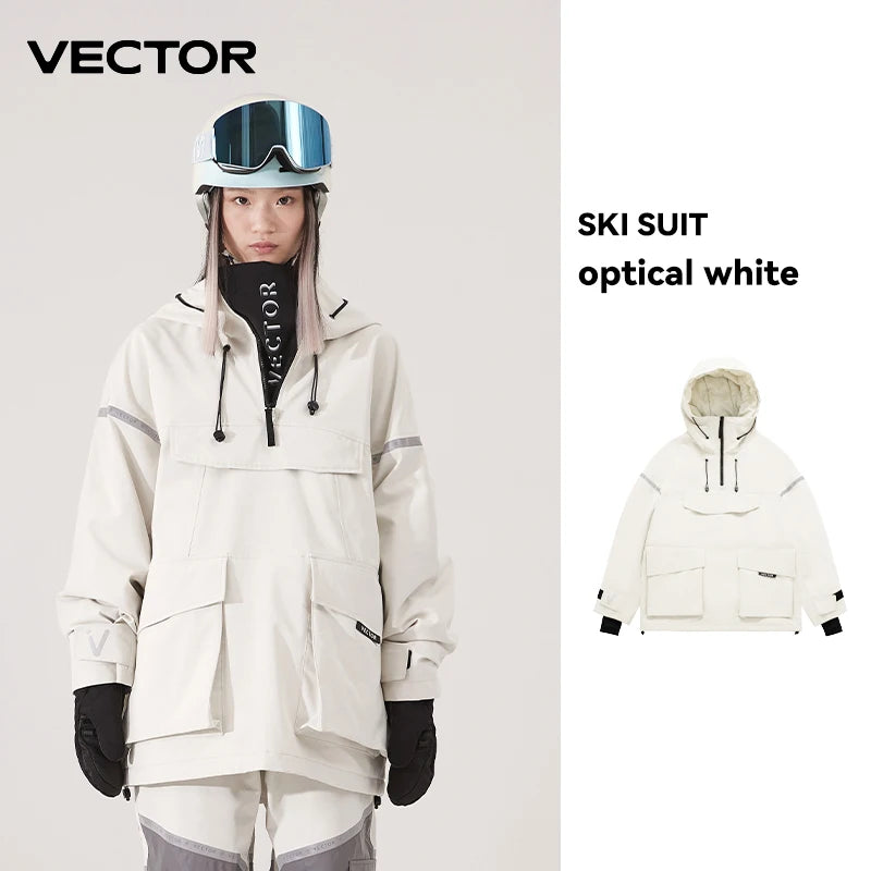Vector ski jacket with hood for men and women, in XS size, featuring safety and rescue devices, suitable for winter sports.