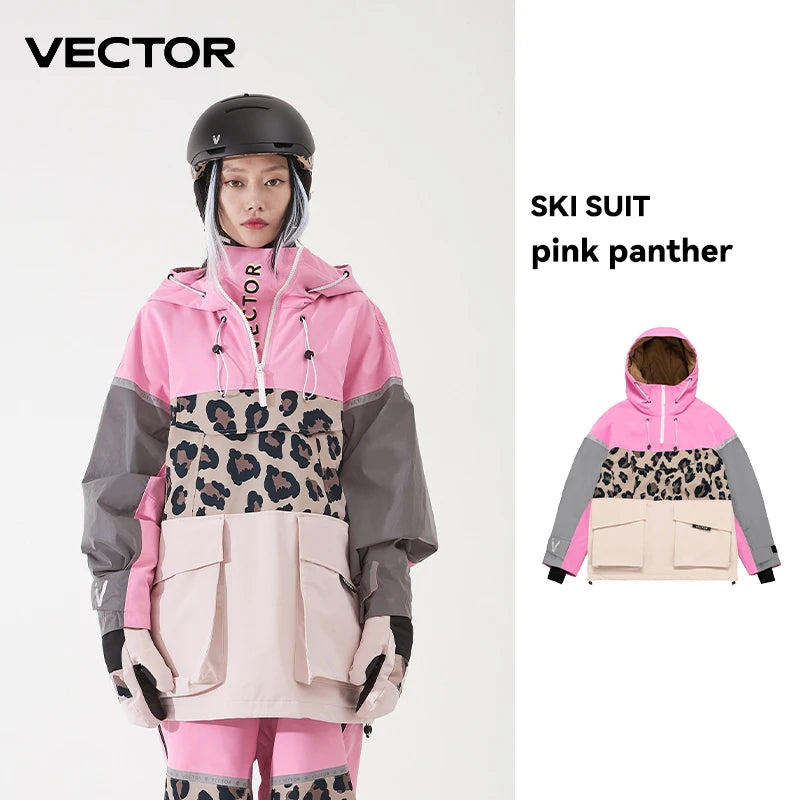 Vector ski sweater with hood for men and women, featuring safety and rescue devices, in a cozy, insulated design.