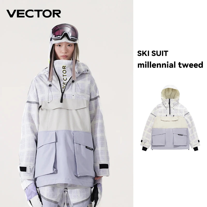 Vector ski jacket with hood, unisex snowboarding and skiing sweater, featuring safety devices, designed for men and women.