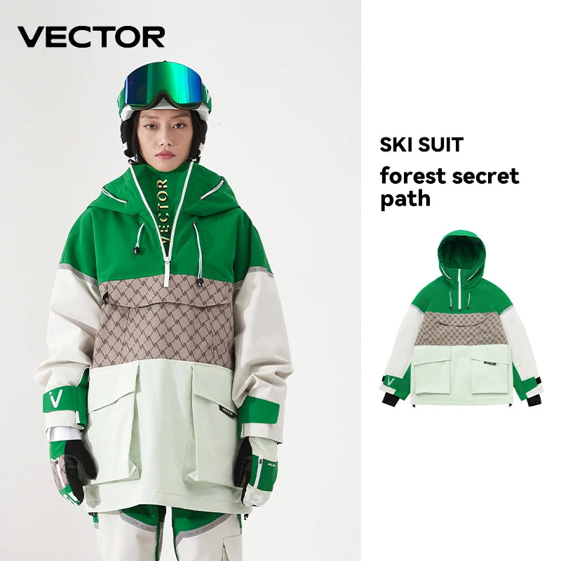 Vector ski clothing for women and men featuring a cozy sweater with a hood, designed for outdoor winter sports and cold weather.