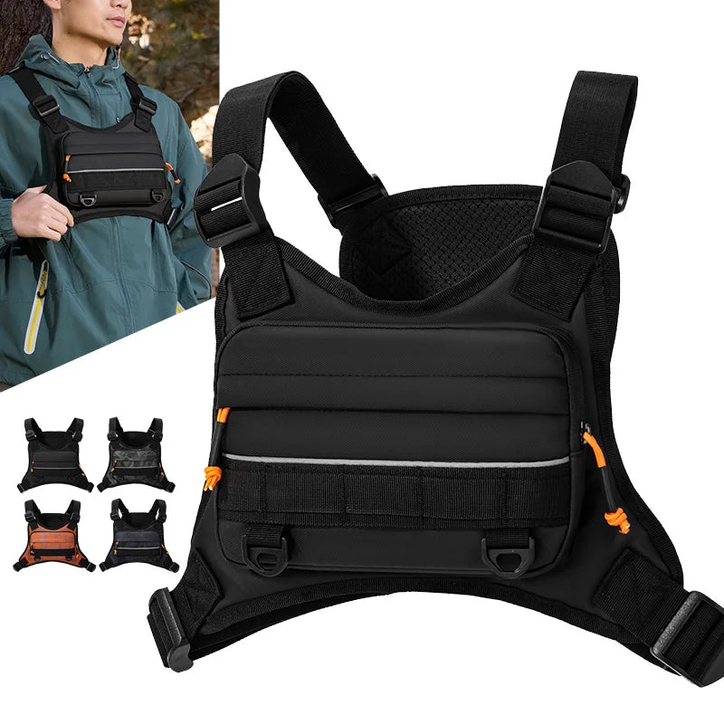 Orange camping chest bag and front vest backpack from Corporación Turística, designed for outdoor hiking and camping adventures.