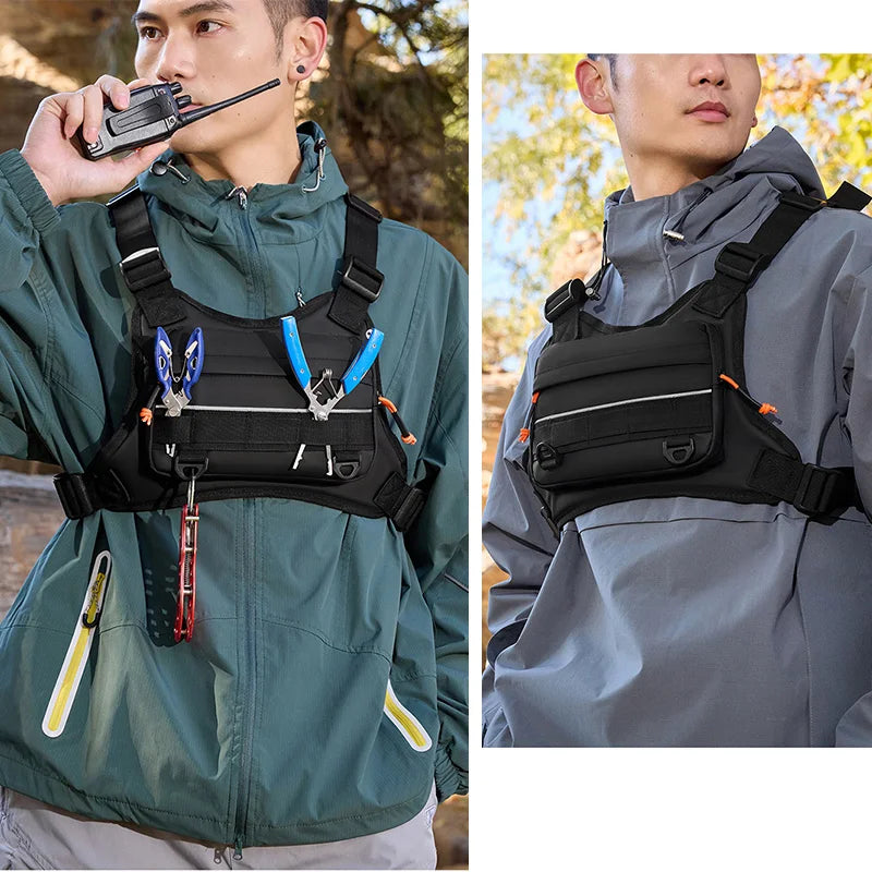 Orange camping chest bag and backpack by Corporación Turística, featuring front pocket and adjustable straps for outdoor adventures.