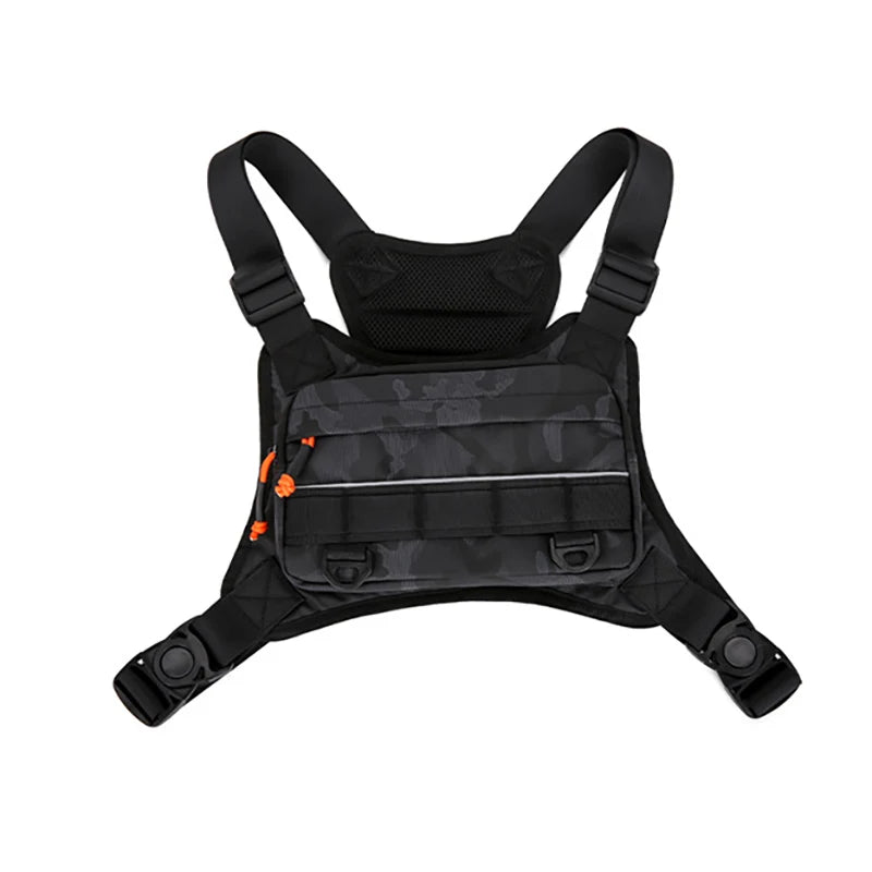 Orange camping chest bag and backpack by Corporación Turística, designed for outdoor adventures and carrying essentials.