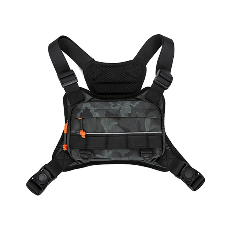 Orange front chest bag from Corporación Turística, designed for camping with multiple compartments and adjustable straps.
