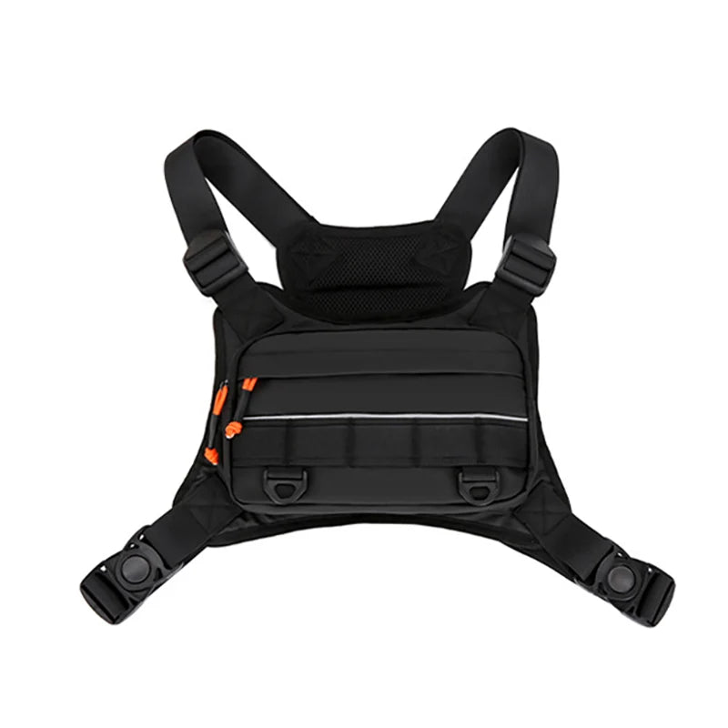 Orange front chest bag and camping vest by Corporación Turística, designed for outdoor adventure and convenient storage.