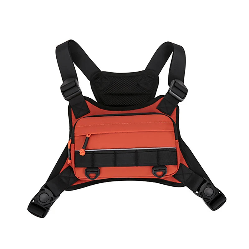 Orange camping chest bag and backpack by Corporación Turística, designed for outdoor adventure and convenient carrying.