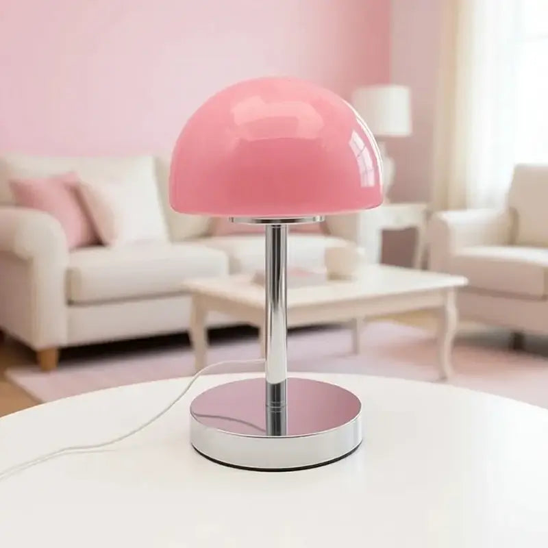 Crystal table lamp with mushroom-shaped glass shade and metal base, stylish lighting fixture for modern interiors.