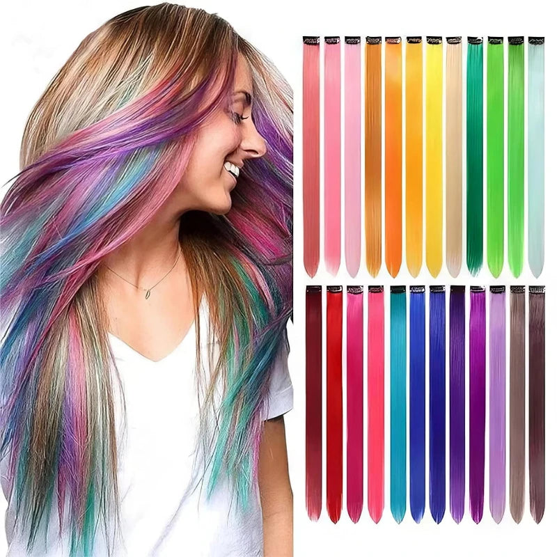 Colorful fashion hair extensions in orange and yellow, 50cm length, from Corporación Turística, displayed on a white background.