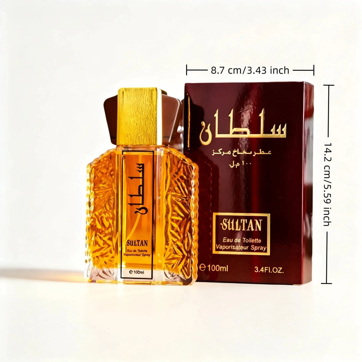 100ml Sultan Arabian Oriental Men Eau de Toilette by Corporación Turística, featuring a sleek bottle with gold accents and intricate design.