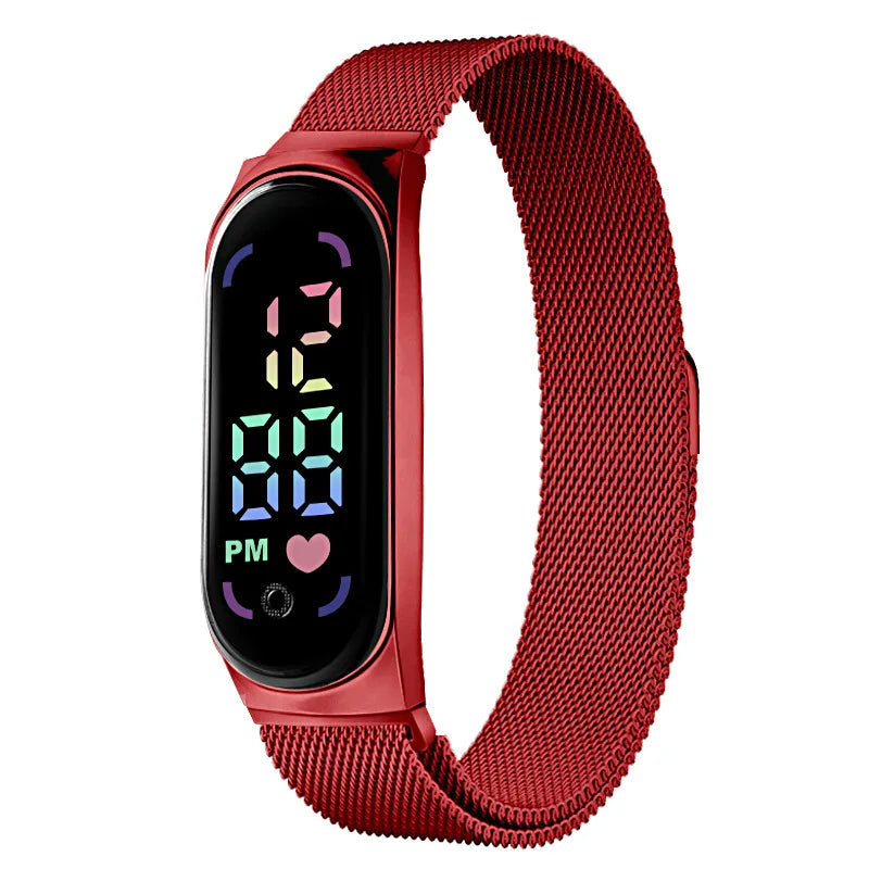Gold LED magnetic electronic watch with alloy bracelet from Corporación Turística, stylish and modern wrist accessory.