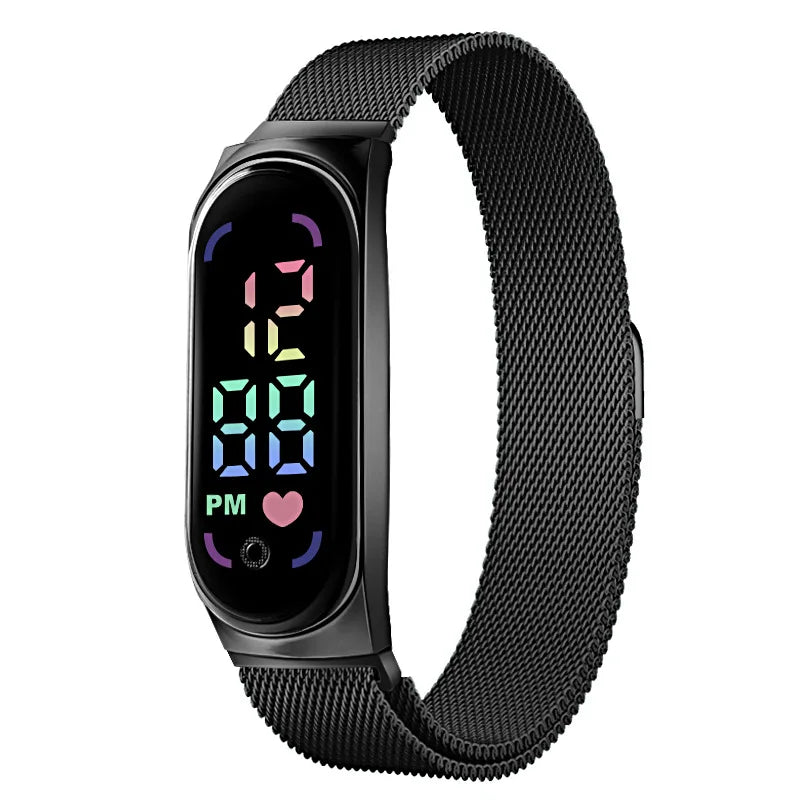Gold LED magnetic electronic watch with alloy bracelet by Corporación Turística, stylish and modern accessories.