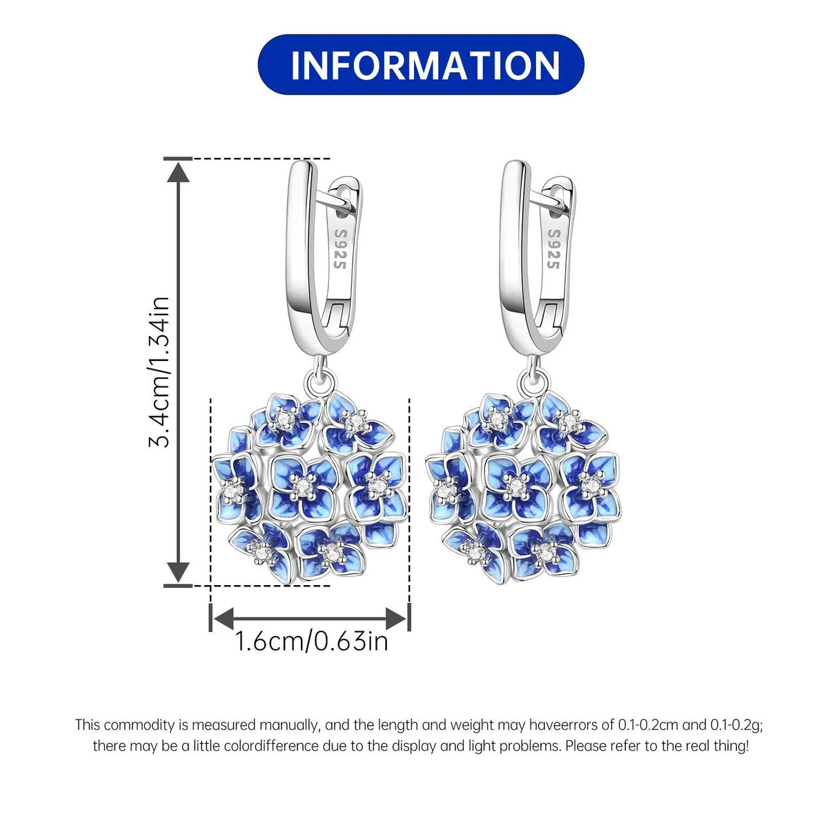 Sterling silver 925 earrings with blue hydrangea flower design, featuring intricate floral details and elegant craftsmanship.