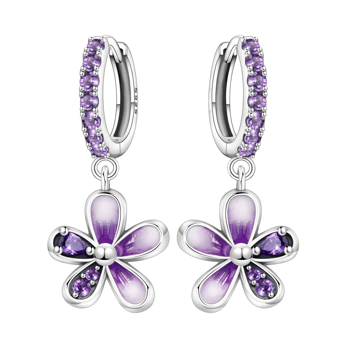 Sterling silver earrings with blue hydrangea flower design, showcasing elegant floral jewelry by Corporación Turística.
