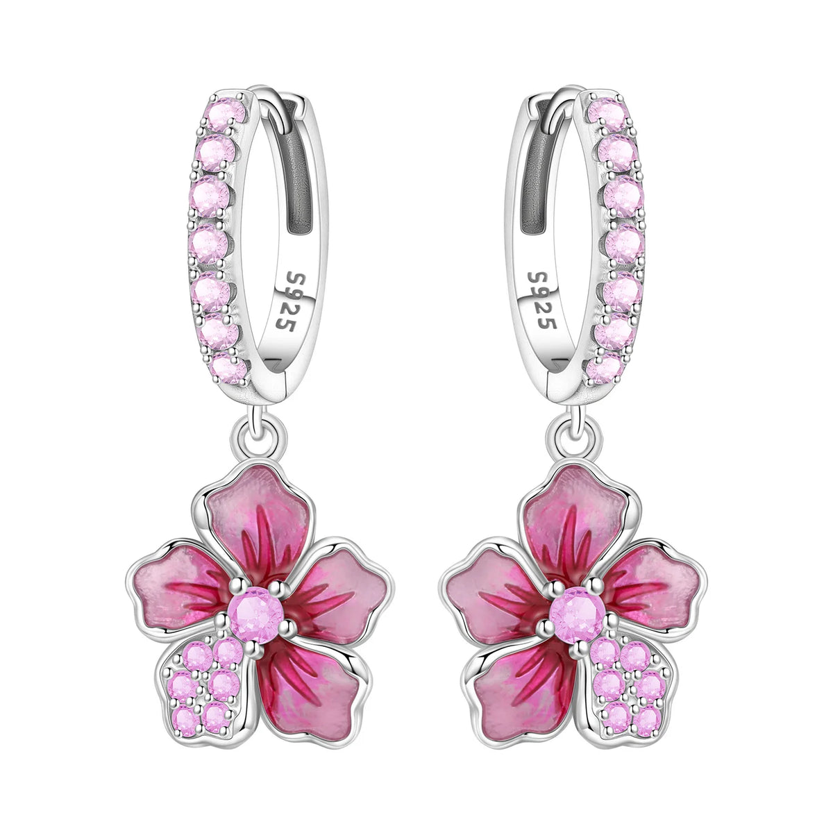 Sterling silver earrings with blue hydrangea flower design, featuring intricate craftsmanship and vibrant floral details.