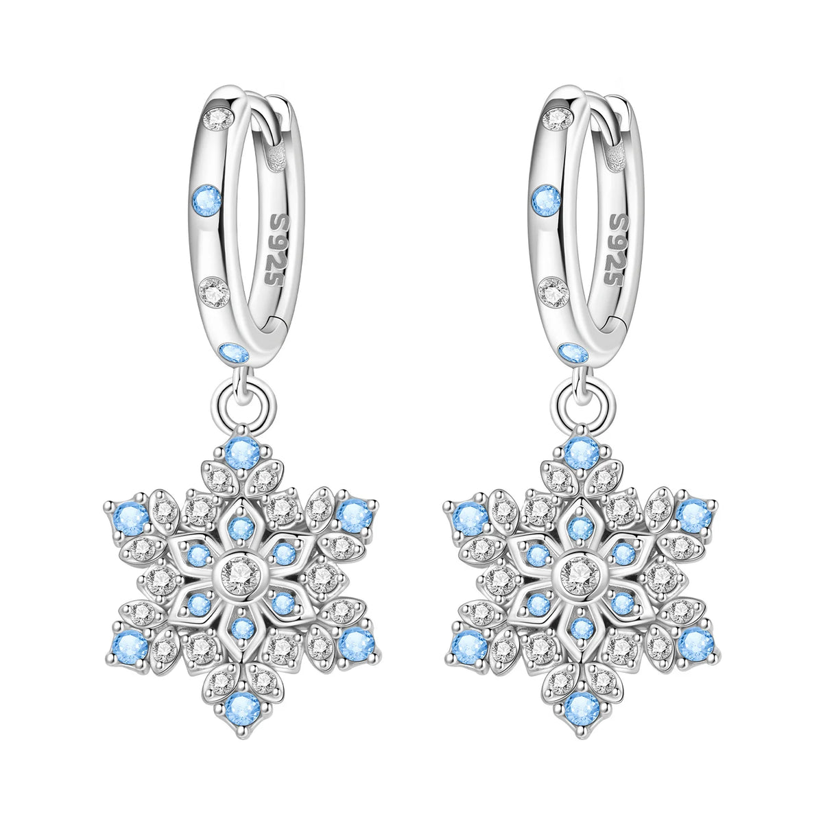 Sterling silver earrings with blue hydrangea flower design, elegant jewelry by Corporación Turística.