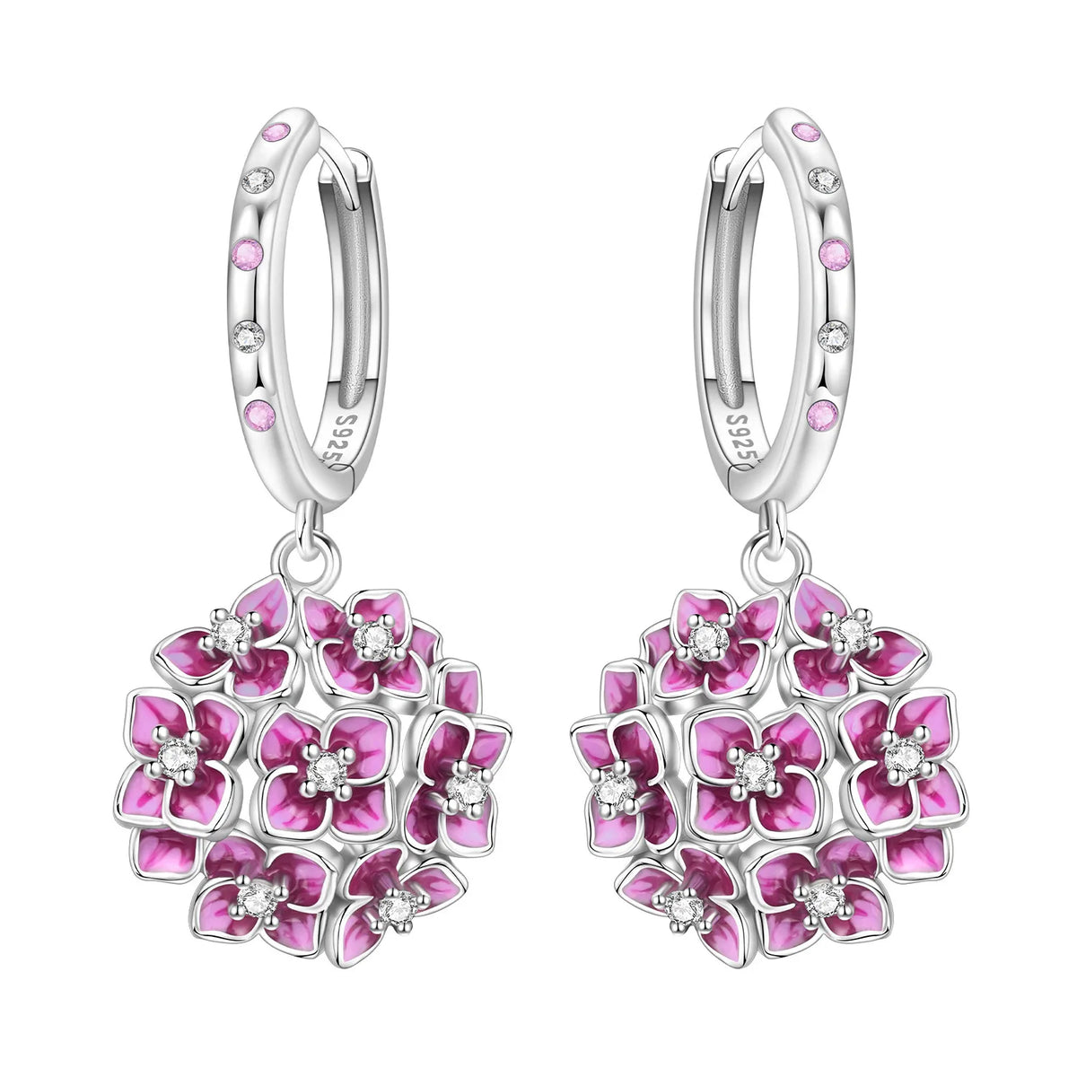 Sterling silver 925 earrings with blue hydrangea flower design, elegant jewelry by Corporación Turística