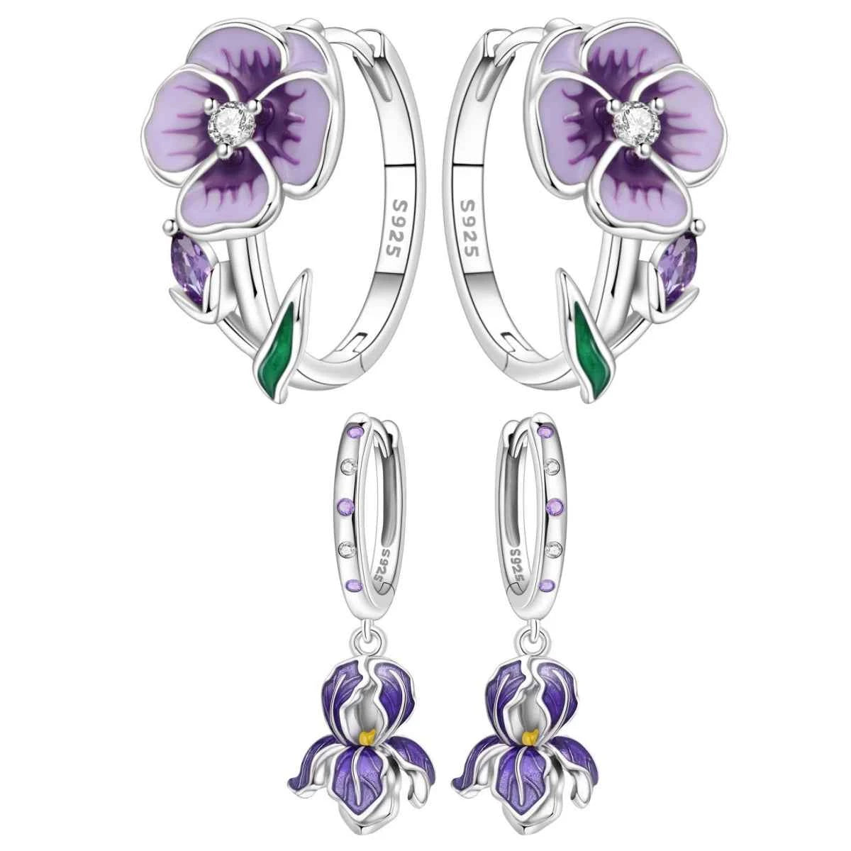Sterling silver PANPOKI Original Plata de Ley 925 floral earrings featuring detailed flower designs and elegant craftsmanship.