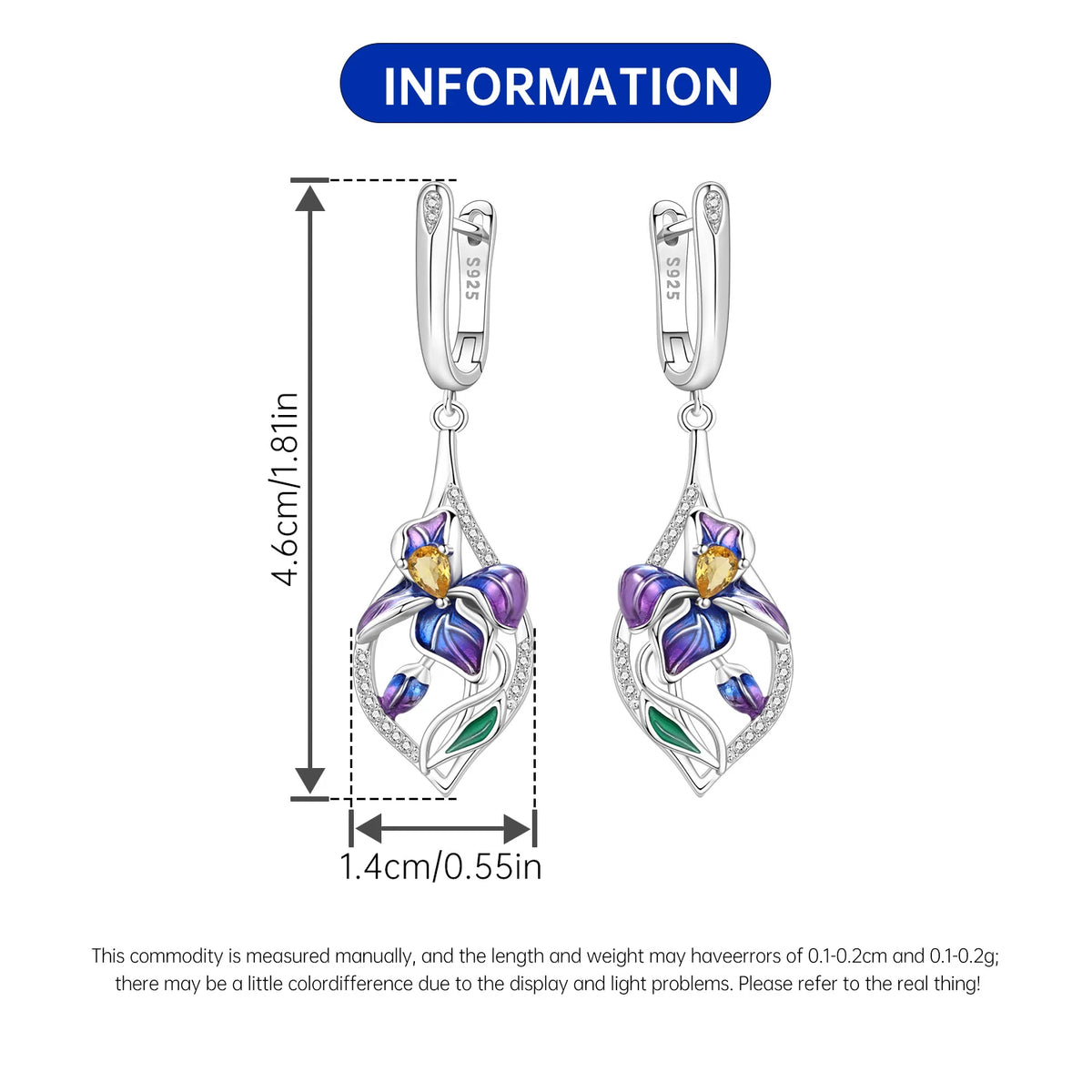 Orstarry Iris flower pendant earrings for women, featuring delicate floral design, shown close-up in silver-tone metal.