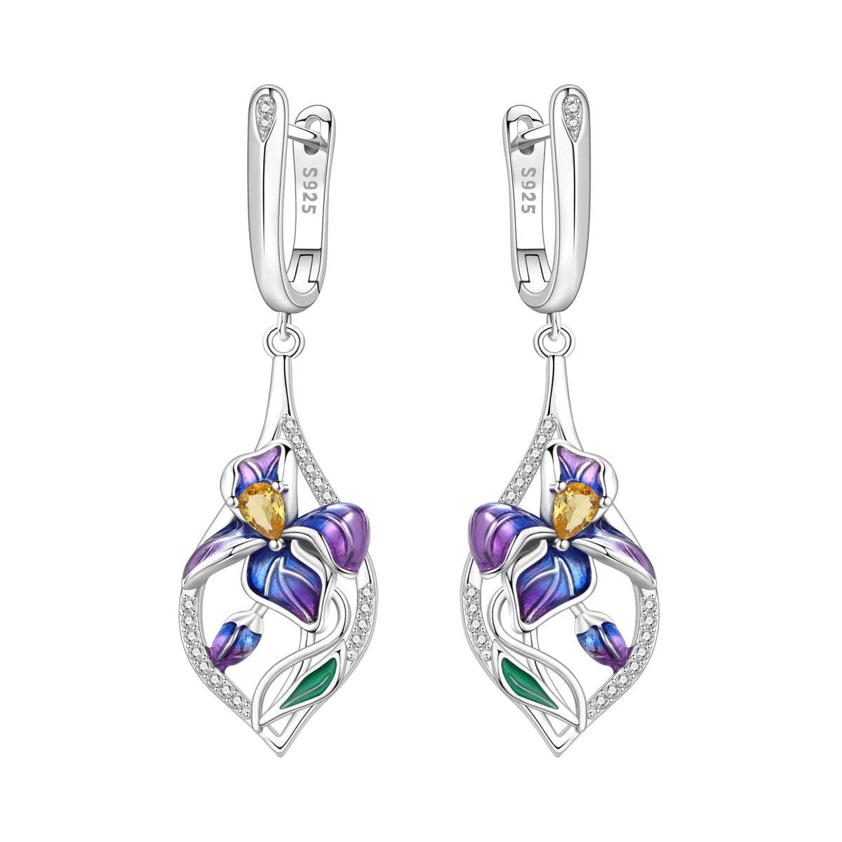 Orstarry Iris flower pendant earrings for women, featuring delicate floral design and silver hooks.