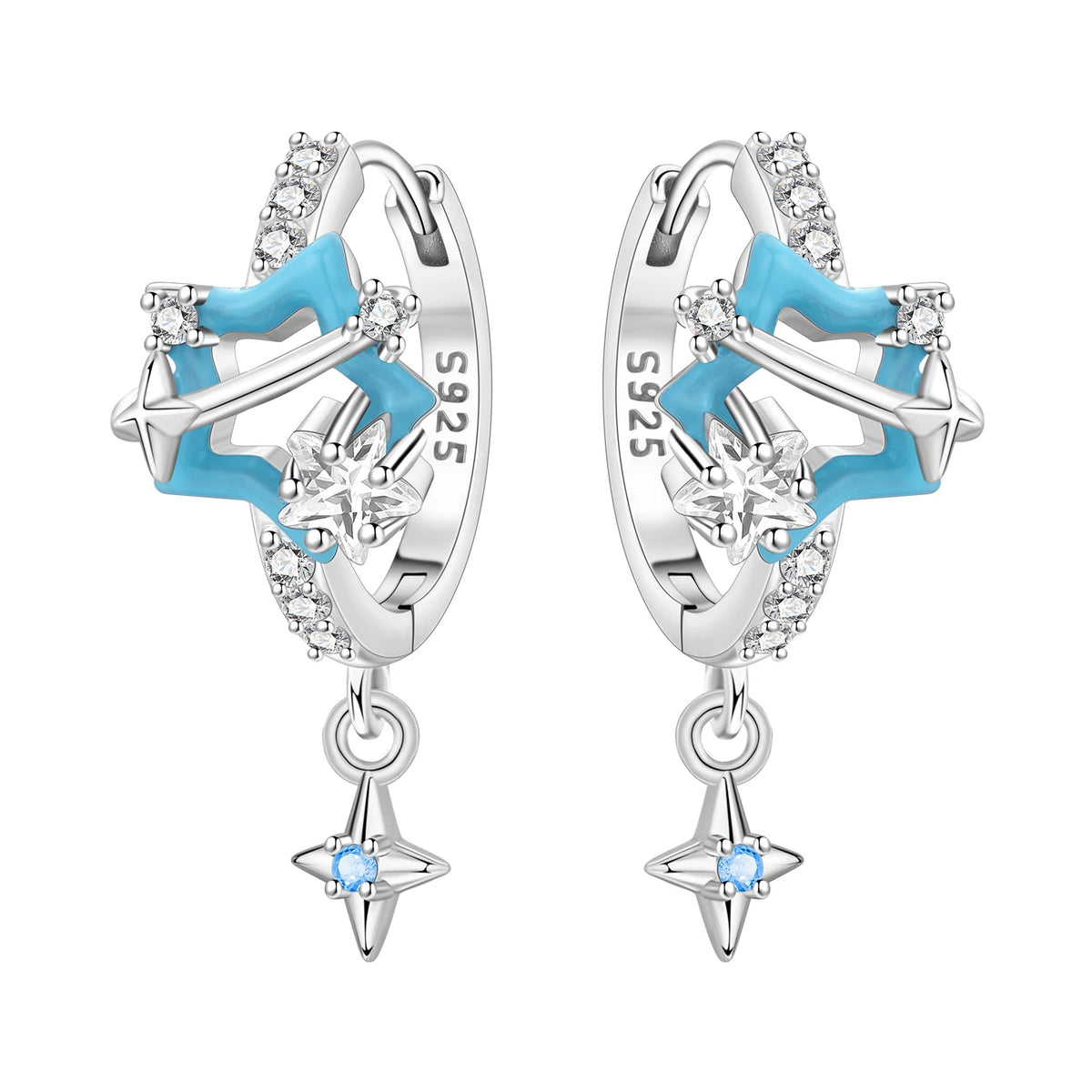 Sterling silver Orstarry earrings with star designs by Corporación Turística, showcasing shiny star accents on a sleek silver setting.