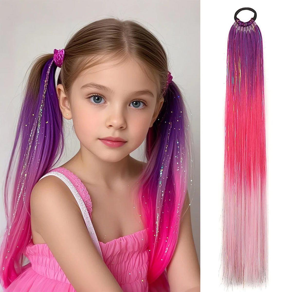 Colorful purple, red, and gold glitter ponytail extension with long, shiny strands, perfect for festive or costume looks.