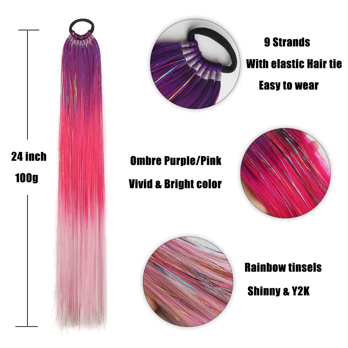 Purple, red, and orange glitter ponytail extension from Corporación Turística, featuring vibrant, shiny colors and curly texture.