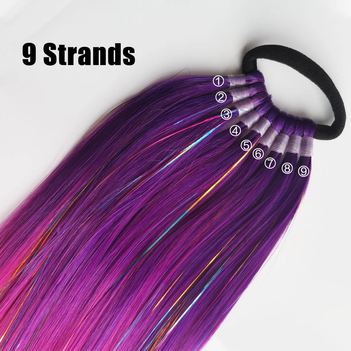Colorful 24-inch purple and red glitter ponytail extension by Corporación Turística, with shiny metallic gold accents.