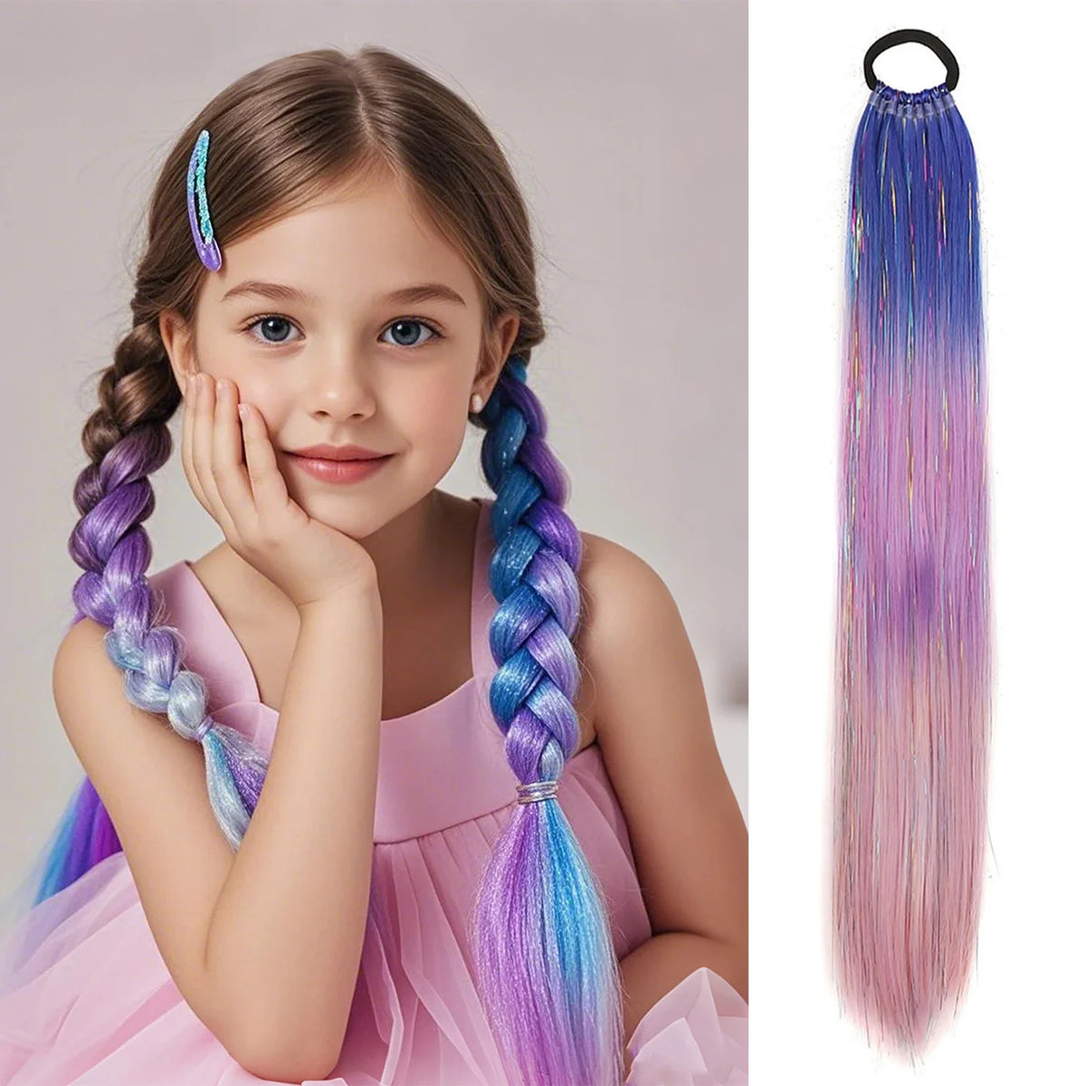 Colorful 24-inch ponytail extension with purple, red, and gold metallic tinsel from Corporación Turística, ideal for festive hairstyles.