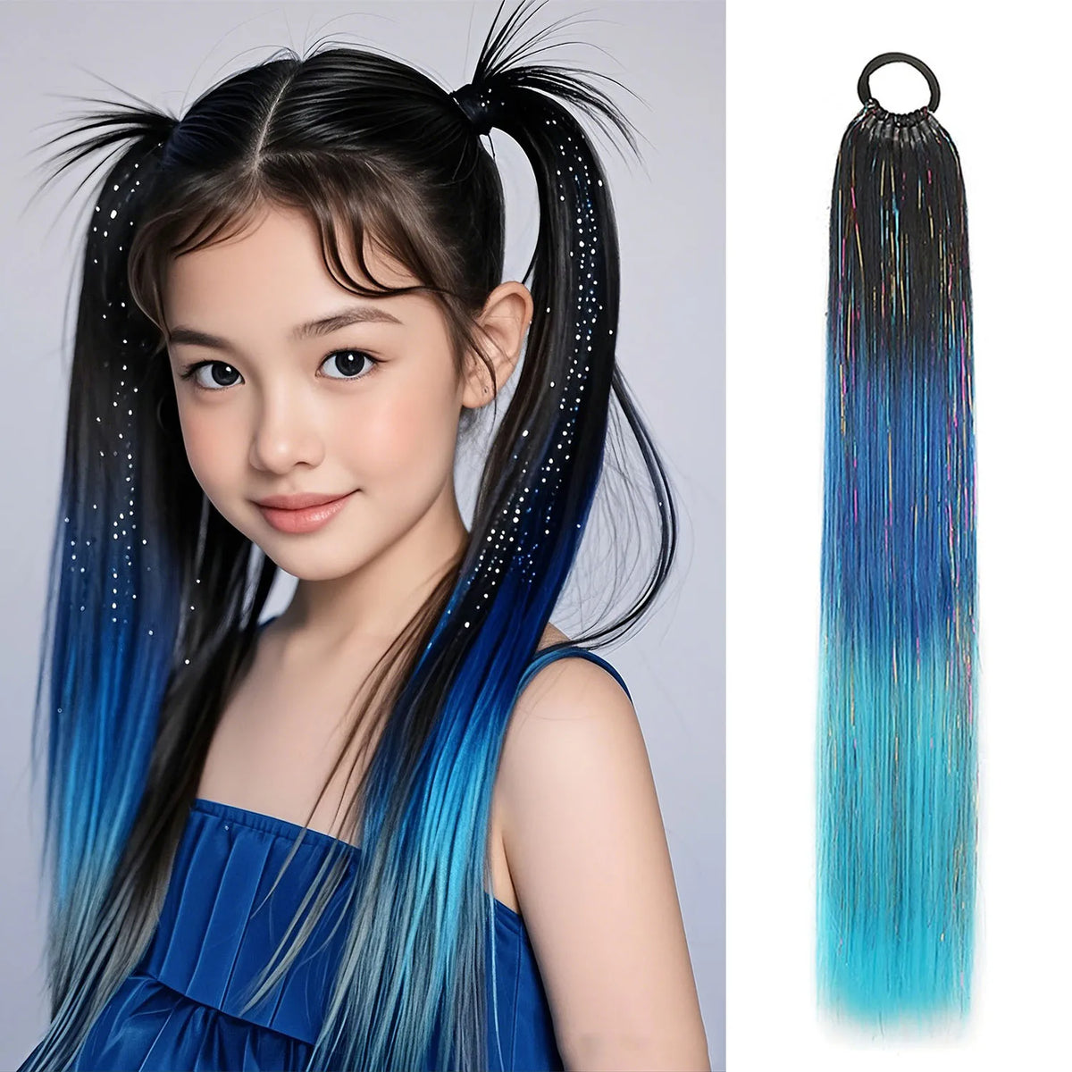 Purple, red, and orange metallic ponytail extension with shiny, curly strands for festive or costume wear.