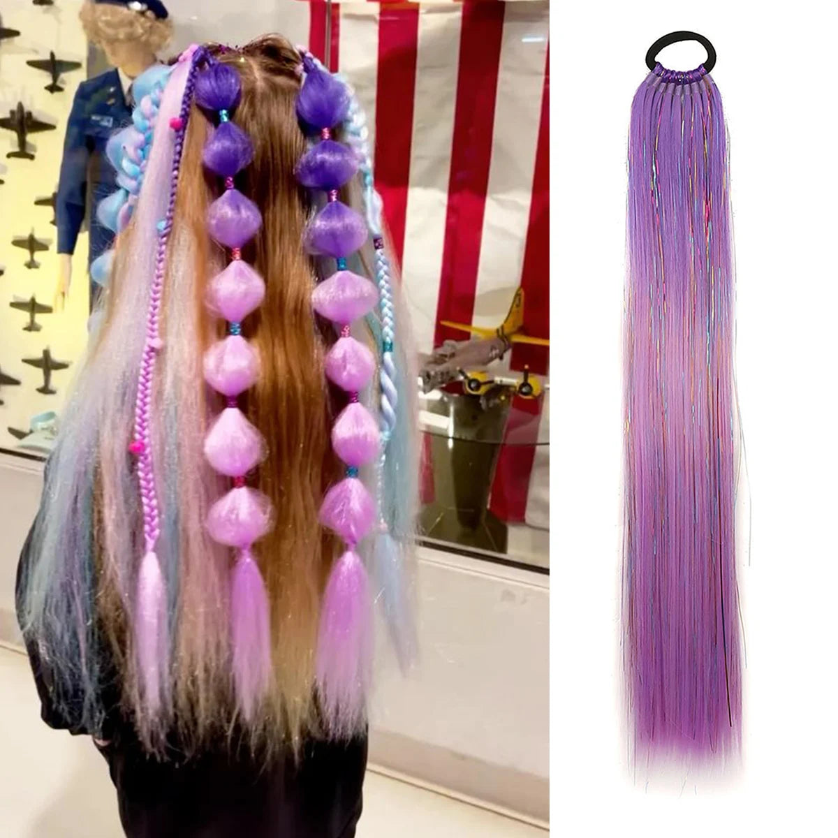 Colorful ponytail extension with purple, red, and gold metallic tinsel for hair, from Corporación Turística, 24 inches long.