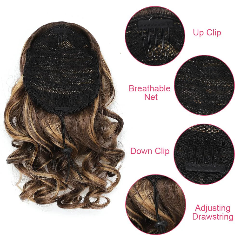 Short curly ponytail extension with cord from Corporación Turística, featuring a natural black color and textured style.