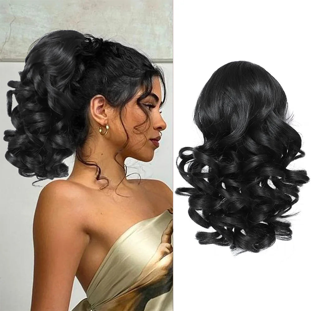 Short curly corded ponytail extension from Corporación Turística, showing the textured, voluminous hair ready to wear.