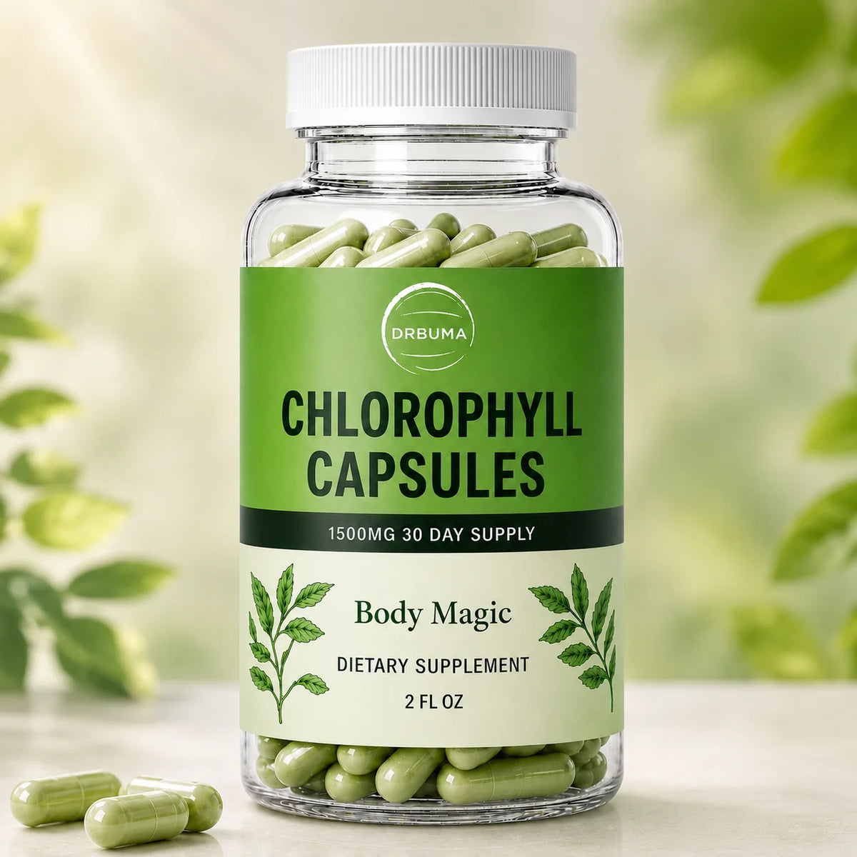 Pack of 30 chlorophyll capsules by Corporación Turística, showing green capsules in clear blister packs.