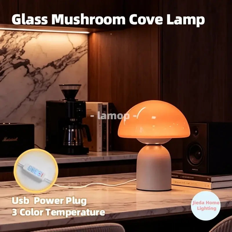 Murano glass mushroom cove table lamp with a sleek design, featuring a smooth glass finish and soft illumination.