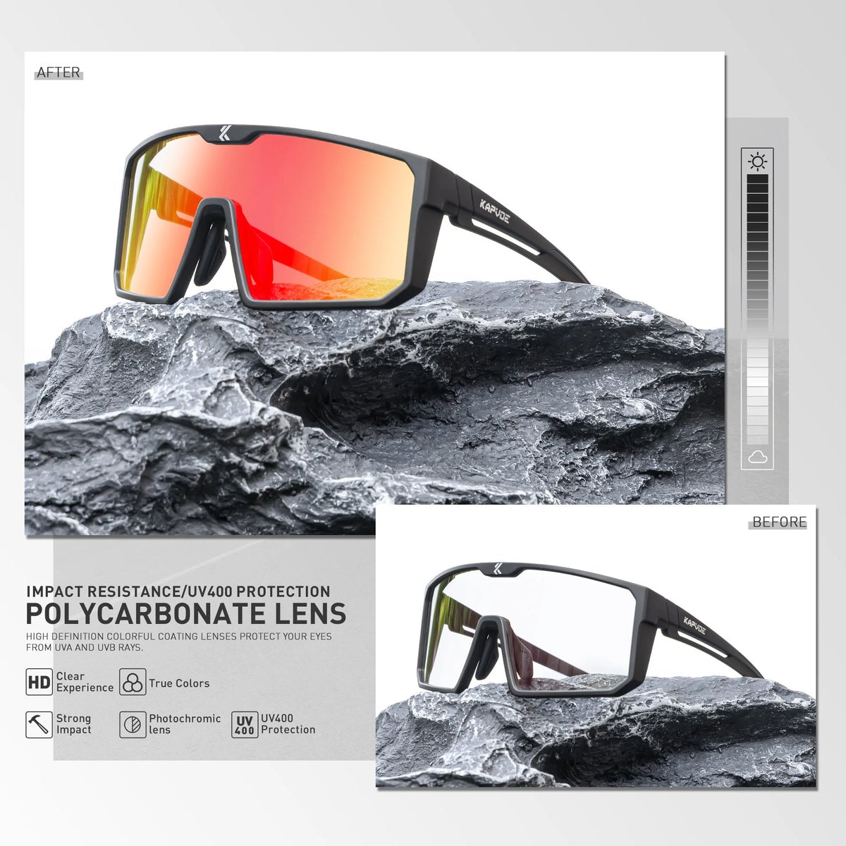 Blue photochromic polarized fishing sunglasses by KAPVOE with black frames, designed for outdoor fishing activities.