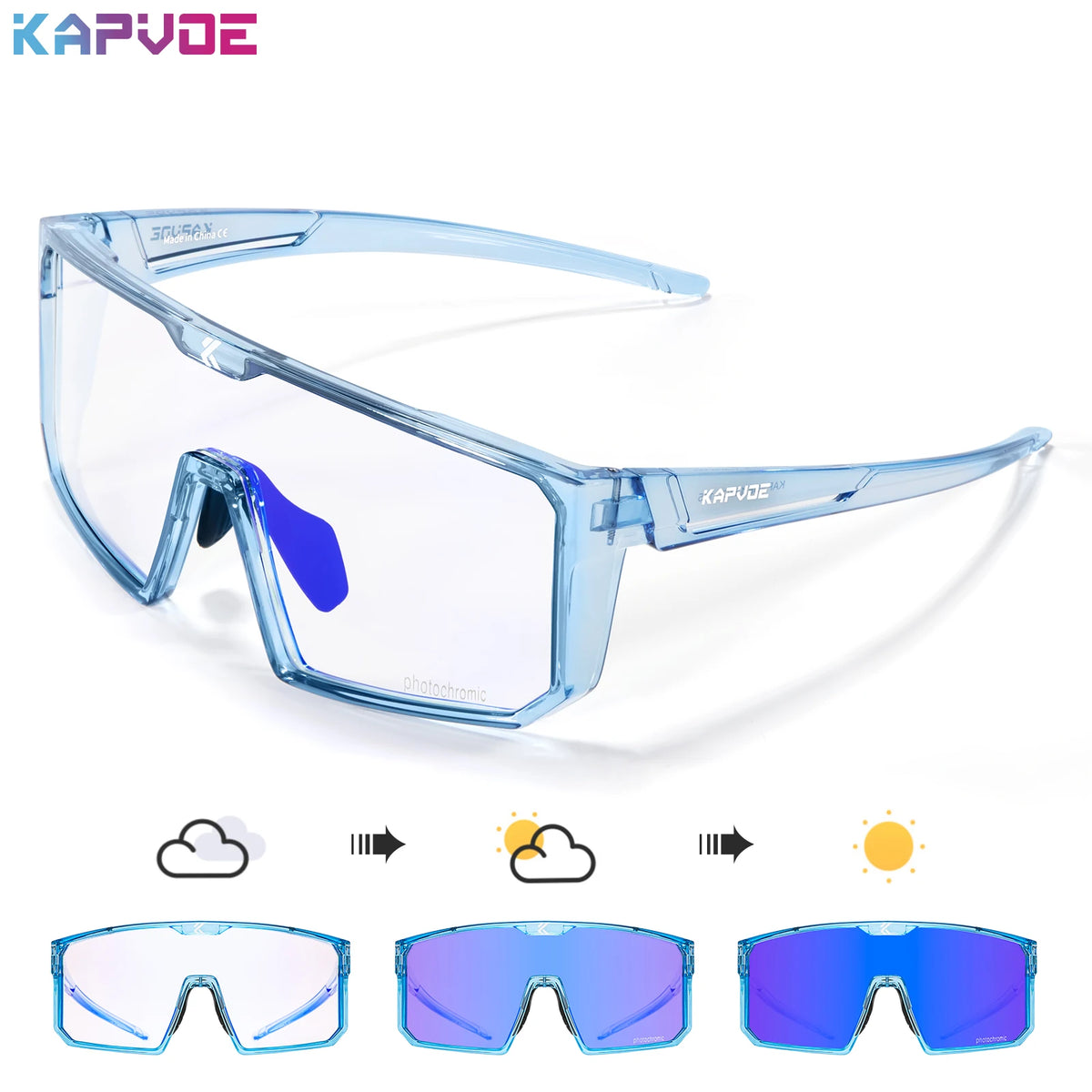 Blue photochromic polarized fishing sunglasses from KAPVOE by Corporación Turística, with sleek frame and tinted lenses.