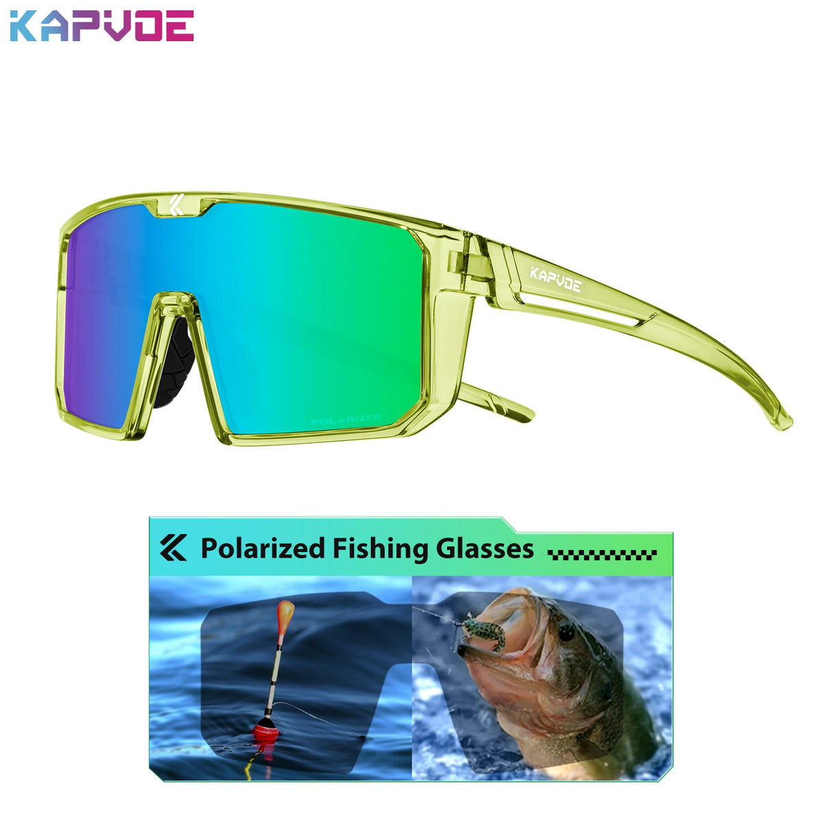 Blue photochromic polarized fishing sunglasses by KAPVOE for fishing, with reflective lenses and durable frame.