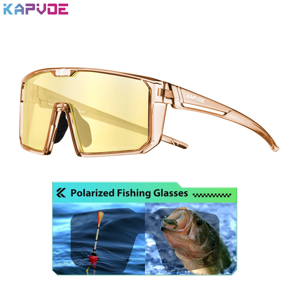 Polarized fishing sunglasses by KAPVOE from Corporación Turística with blue photochromic lenses, no accessories included.