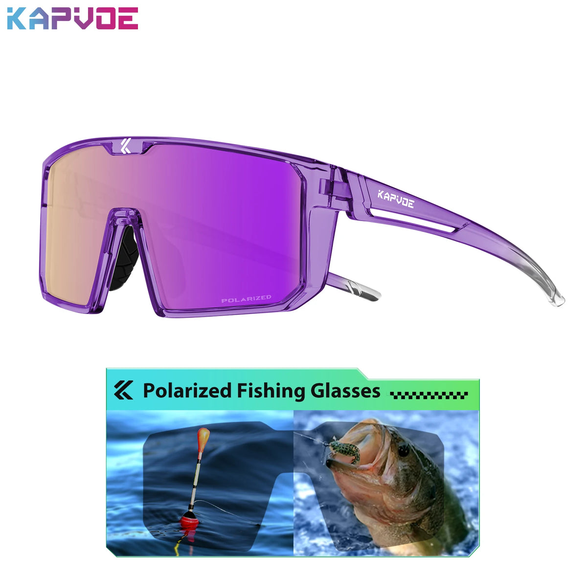 Polarized fishing sunglasses by KAPVOE with photochromic blue lenses, designed for outdoor fishing and water activities.