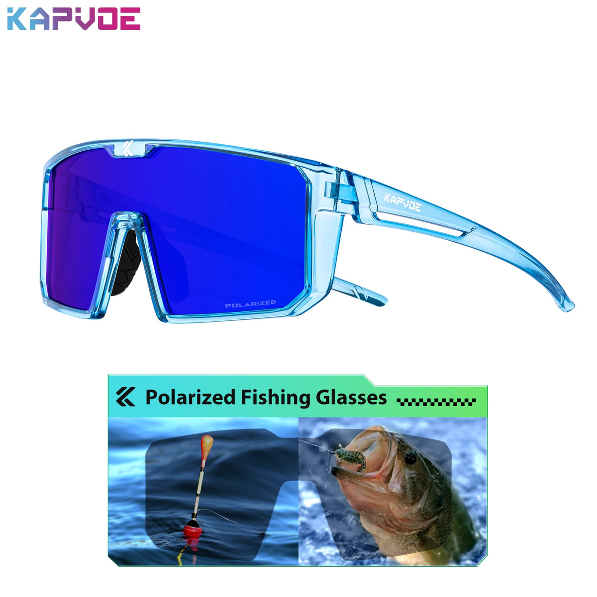 Blue polarized fishing sunglasses by KAPVOE with photochromic lenses, designed for outdoor fishing activities.