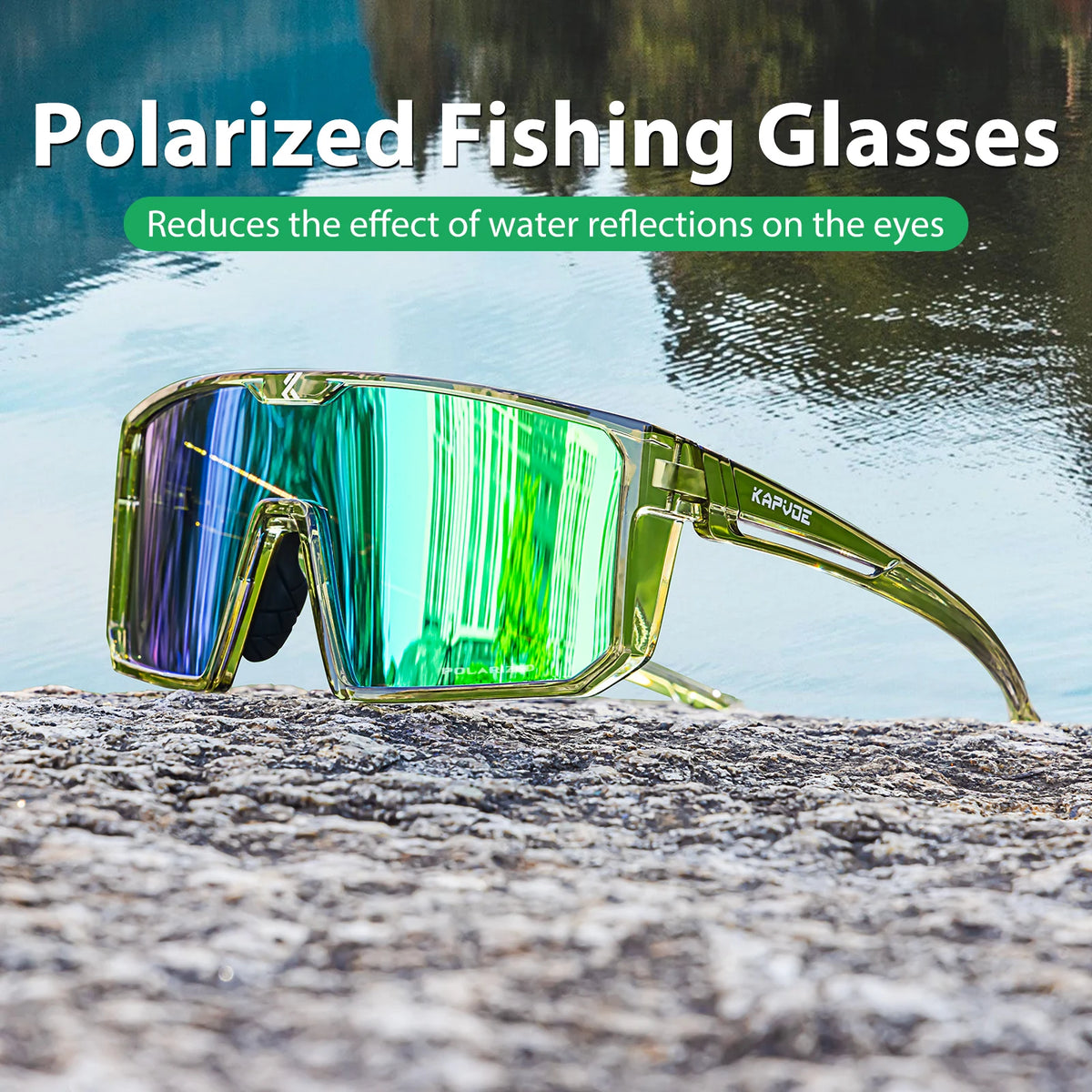 Polarized fishing sunglasses by KAPVOE in blue, with photochromic lenses, designed for outdoor fishing protection.