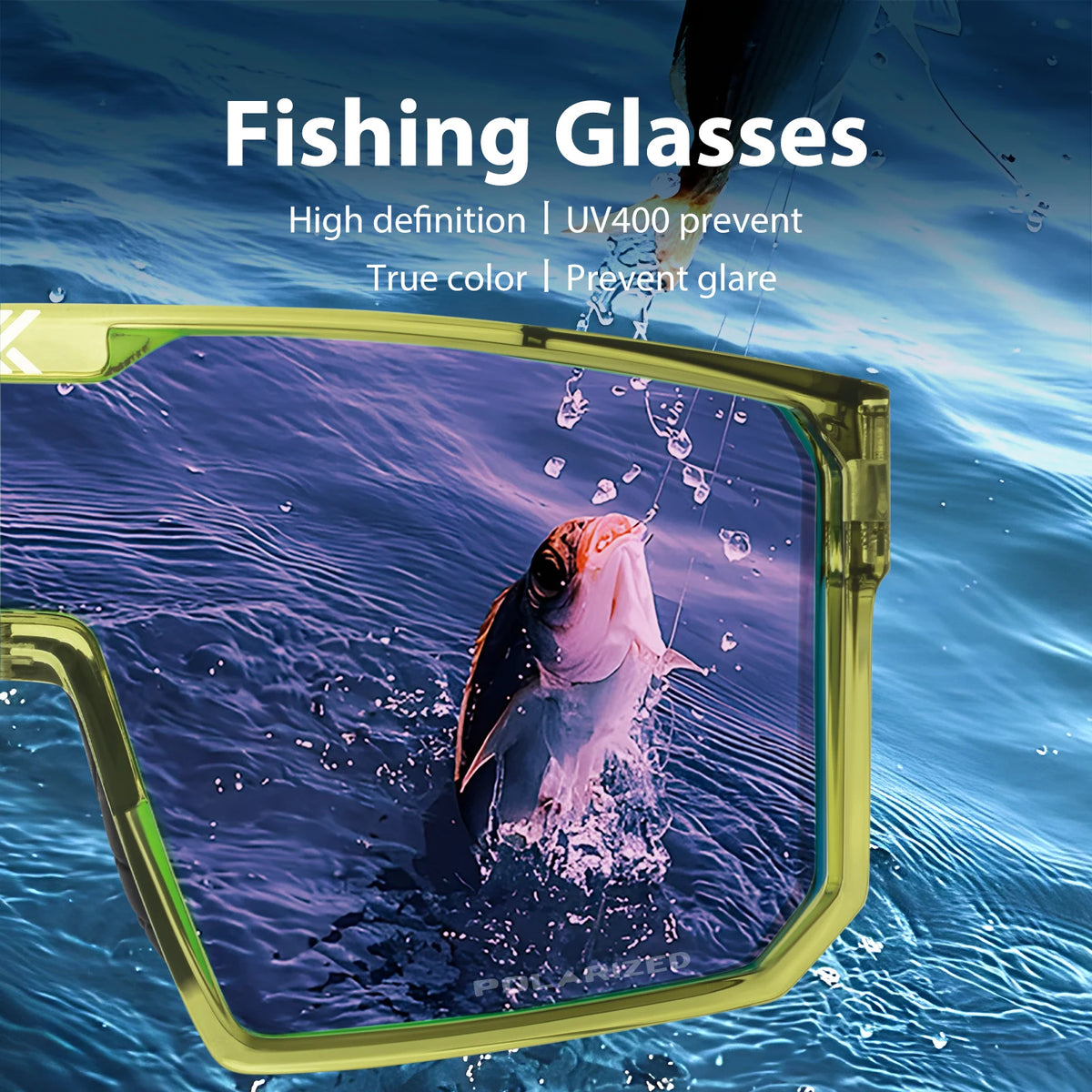 Blue photochromic polarized fishing sunglasses by KAPVOE, designed for outdoor water activities and fishing.