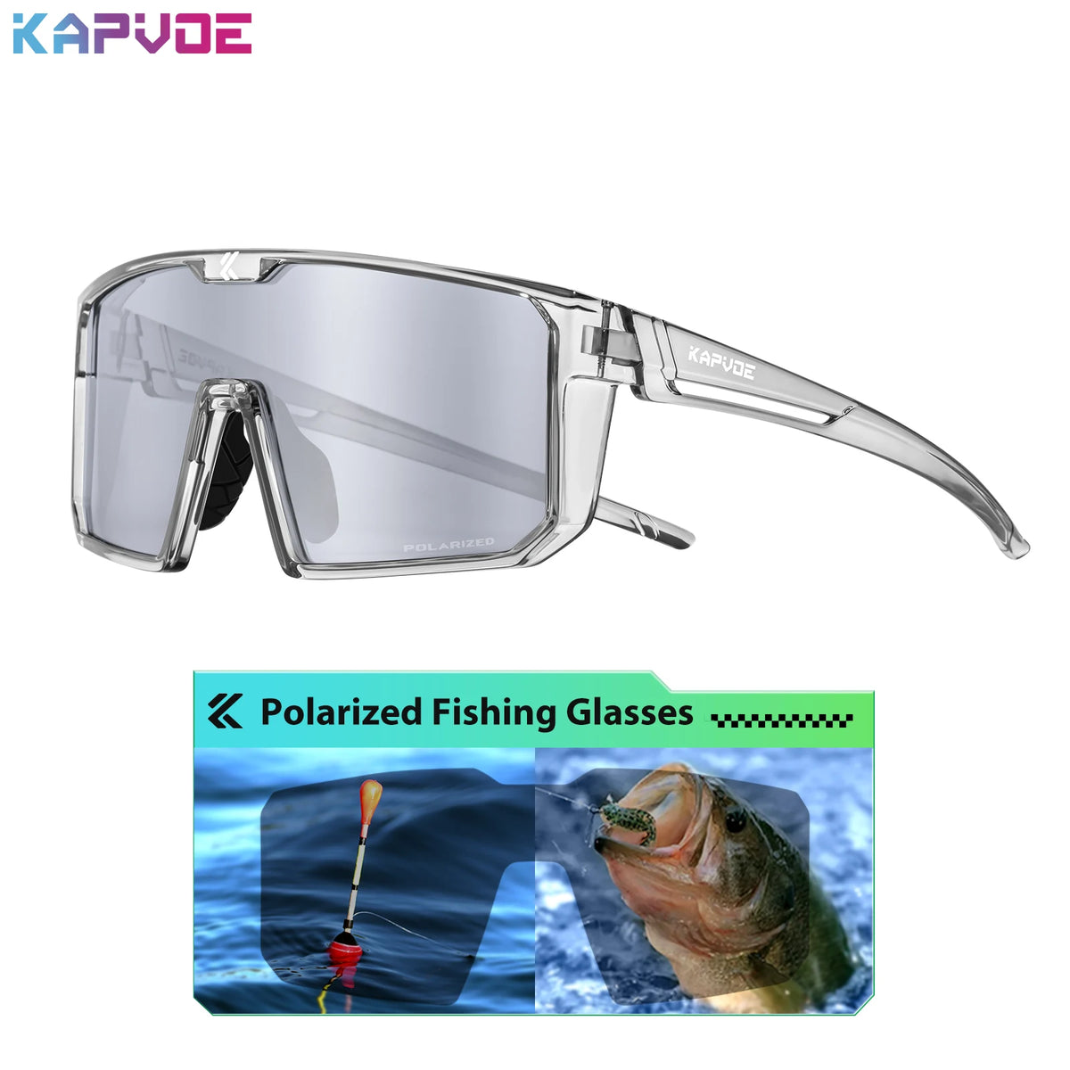 Polarized fishing sunglasses by KAPVOE in blue with photochromic lenses, designed for outdoor fishing activities.